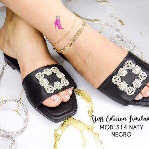 sandalia negra tipo piel para mujer con hebilla elegante| plata|modelo Nati14|calzadoyess